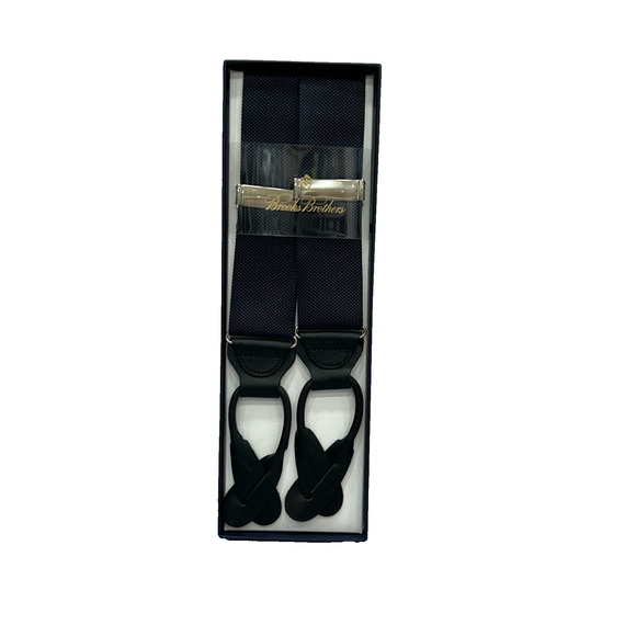 NEW Brooks Brothers Men's Black & Silver Tone Button-End Suspenders Leather Trim